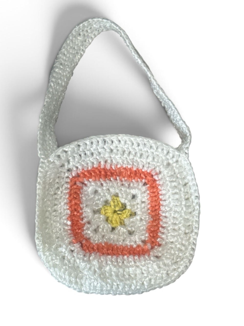 Hand Crocheted Recycled Plastic Bag Purse White Orange Yellow Granny Square Tote